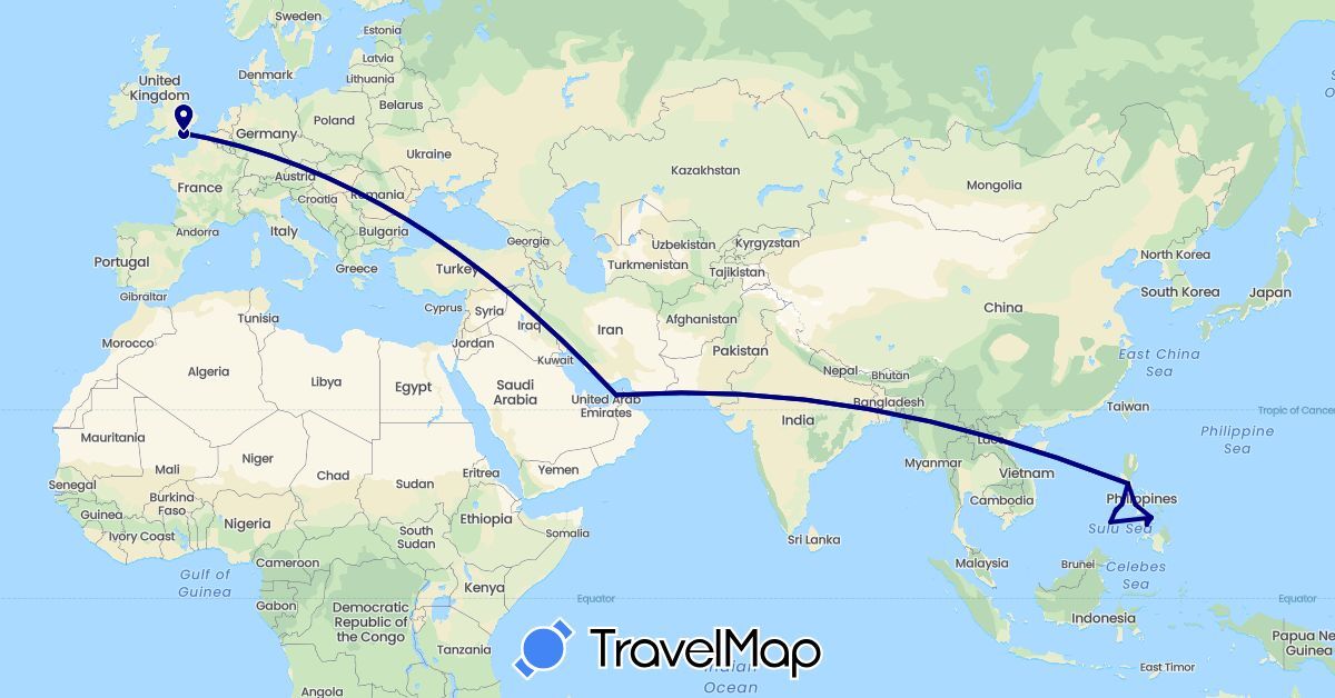 TravelMap itinerary: driving in United Arab Emirates, United Kingdom, Philippines (Asia, Europe)